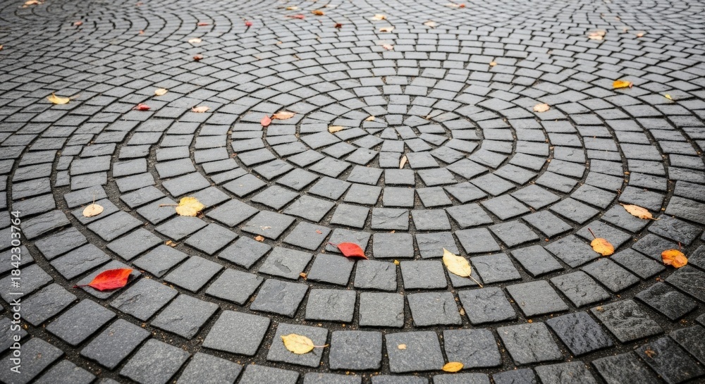 Fototapeta premium Circular Cobblestone Pavement with Autumn Leaves, Creating a Patterned Stone Surface, Ideal for Urban Design and Seasonal Concepts