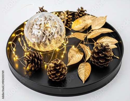 Golden leaves, pinecones on black tray