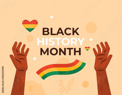 Illustration of raising hands to celebrate. Red, yellow, green colors. Black people celebrating and commemorating Black History Month. Happy Black History Month. Flat style. Orange background.