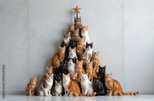 group of twenty cats forms Christmas tree, sitting and lounging on white background, creating tranquil, festive atmosphere with star topper, joyful family moment, cozy lifestyle