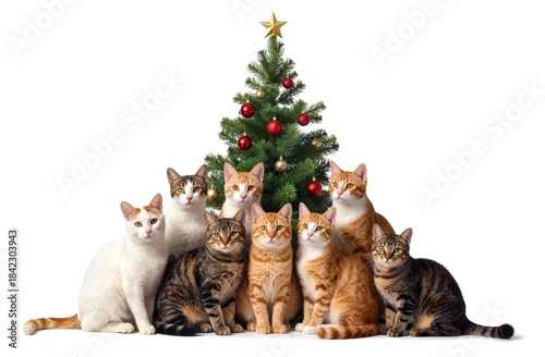 Seven cats, including three white and four tabby cats, sit before Christmas tree with red ornaments and golden baubles, creating festive and warm atmosphere., joyful family moment