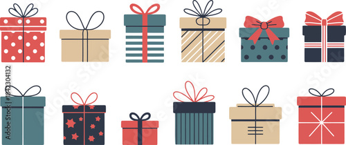 Many colorful present boxes with bows and various patterns sit on a clean white background