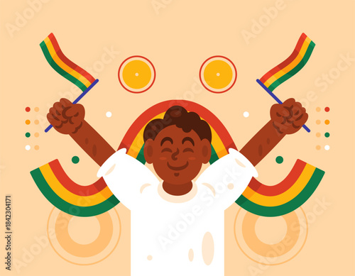 Illustration of a happy and celebrating African American boy. Red, yellow, and green colors. Black boy celebrating and commemorating Black History Month. Happy Black History Month. Flat style. Orange 