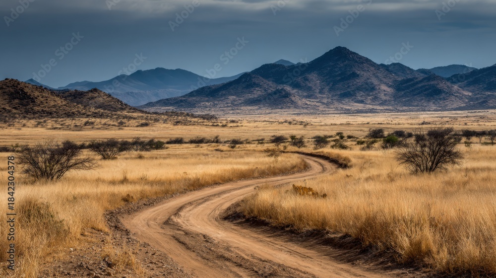 Fototapeta premium Scenic African Landscape with Winding Dirt Road Through Golden Grasslands and Distant Mountain Range