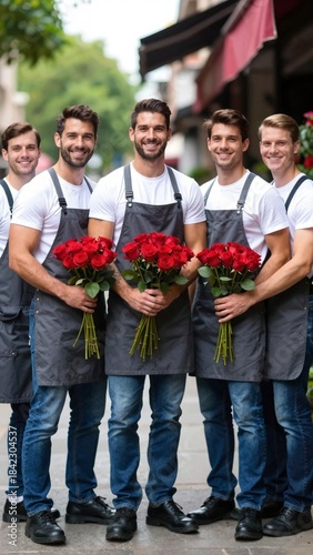 Five men, dressed in white shirts and gray aprons, stand outdoors holding bouquets of red roses,  Valentines Day, love, atmosphere in urban setting, teamwork, delivery, service