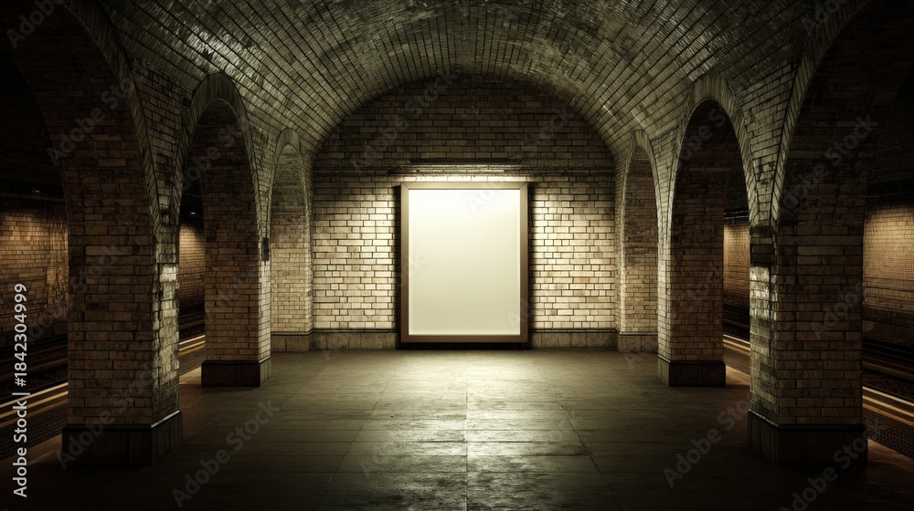 Fototapeta premium Blank Billboard in a Subway Tunnel: Urban Advertising Mockup with Brick Arches and Dramatic Lighting