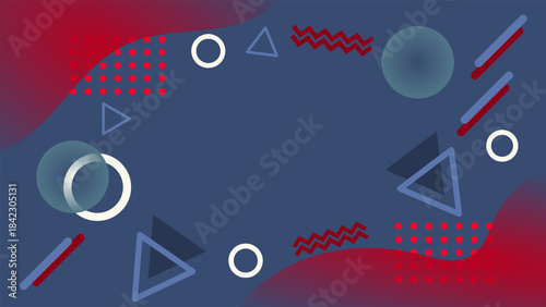 【ベクター】落ち着いたブルーと赤のメンフィス柄背景・モダンで幾何学的なシェイプの抽象的フレーム