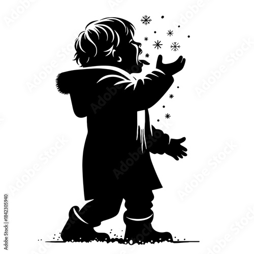 Child happily catching snowflakes on winter snowy background, winter dressed kid silhouette