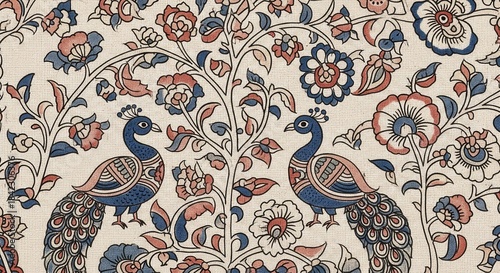 Wallpaper Mural Authentic Indian Kalamkari Hand-Painted Fabric Texture with Floral Pattern Torontodigital.ca