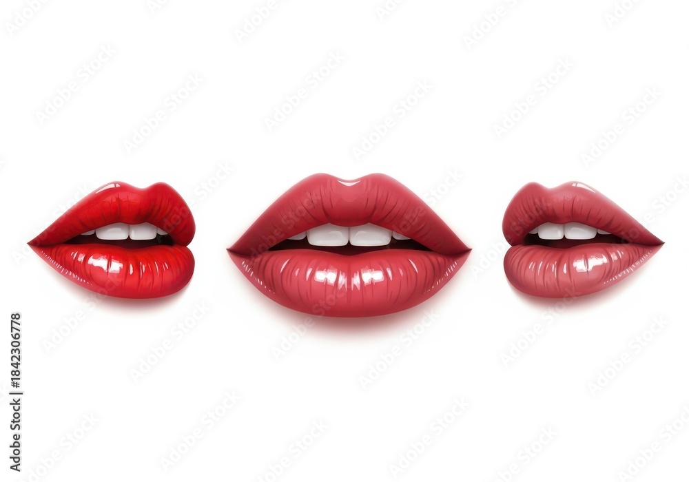 Obraz premium Three pairs of luscious lips with glossy red and pink lipstick