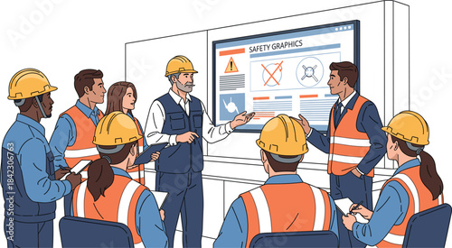 Construction workers attending safety training session with presenters explaining safety graphics, hazard symbols, and compliance procedures in industrial environment