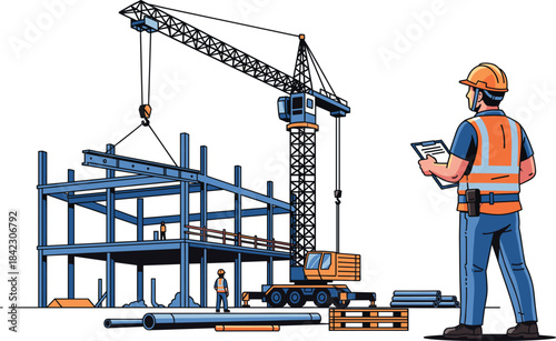 Construction site with steel frame building, crane lifting beam, workers in safety gear, supervisor inspecting progress, industrial development scene