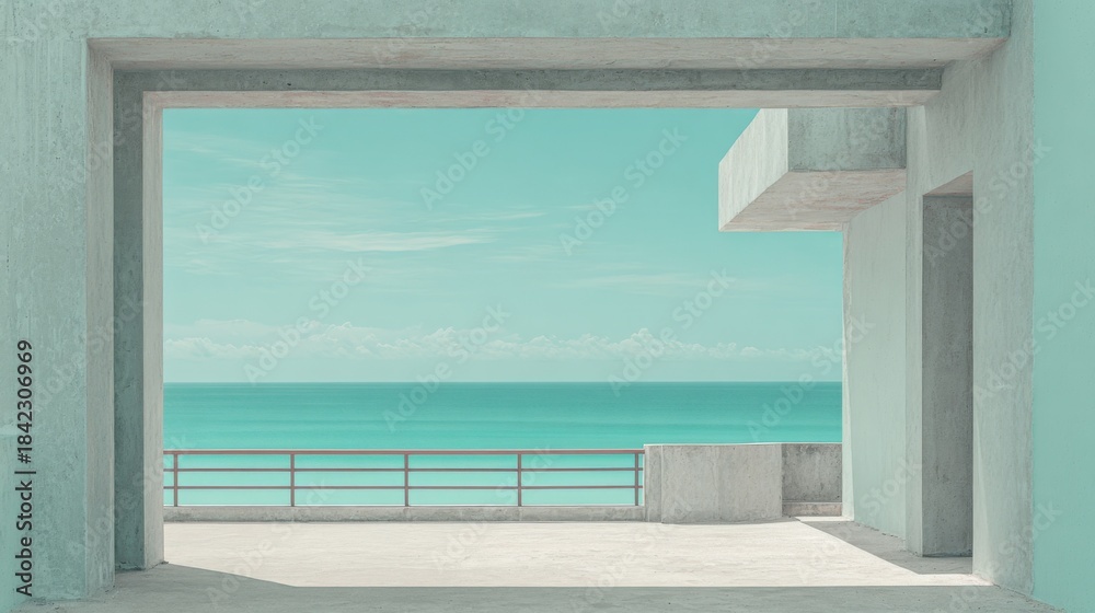 Fototapeta premium Minimalist Coastal Architecture Framing Ocean View, Featuring Clean Lines and a Serene Turquoise Color Palette