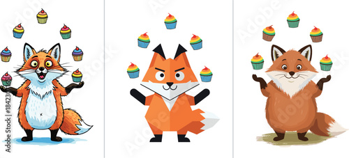 Happy Cartoon Fox Mascot Juggling Colorful Cupcakes Vector Illustration - Dessert, Party, Fun, and Animal Performance Concept