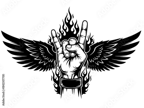 A black and white illustration of a hand performing the rock on gesture, surrounded by flames and wings.