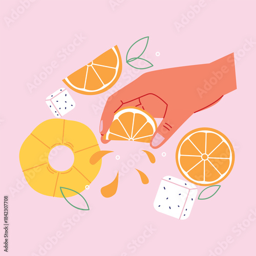 Fun flat illustration of a hand squeezing citrus juice with fresh tropical fruits.