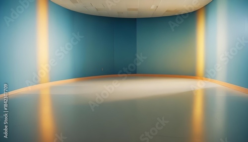 Modern minimalist interior with curved blue walls and warm light streaming in