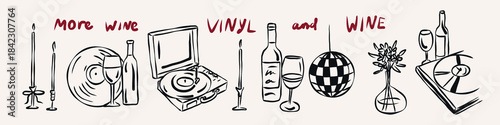Vintage hand drawn vinyl and wine elements