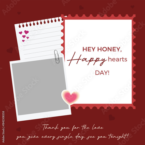 Cute Valentine notepad-style design featuring a handwritten  Hey Honey, Happy Hearts Day message with heart decorations. Suitable for greeting cards, social posts, couple messages, romantic content, 