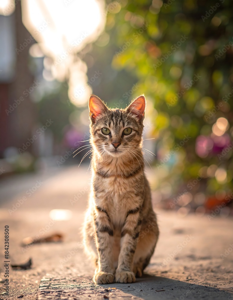 Fototapeta premium Cat sits on sunlit pavement, framed by blurry greenery and bright sky