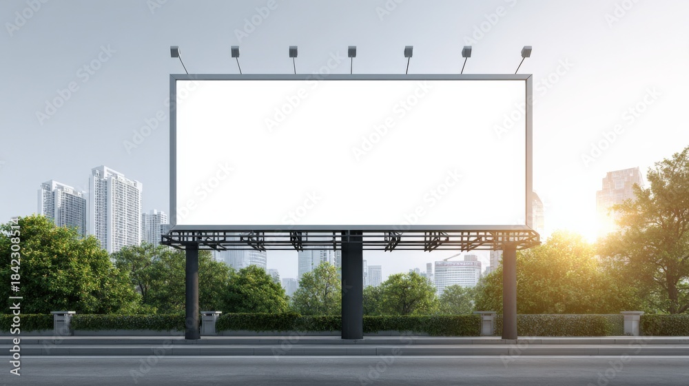 Fototapeta premium Billboard Mockup in Urban Environment: Advertising Space with City Skyline and Trees for Marketing Campaigns