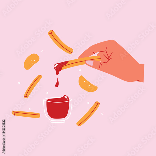 Fun and expressive flat illustration of a hand dipping french fries into ketchup.
