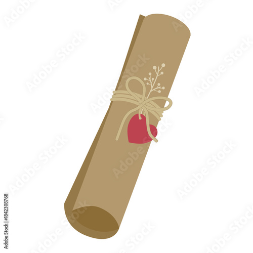 Rolled Scroll Tied with Twine, Heart Tag, and Decorative Twig