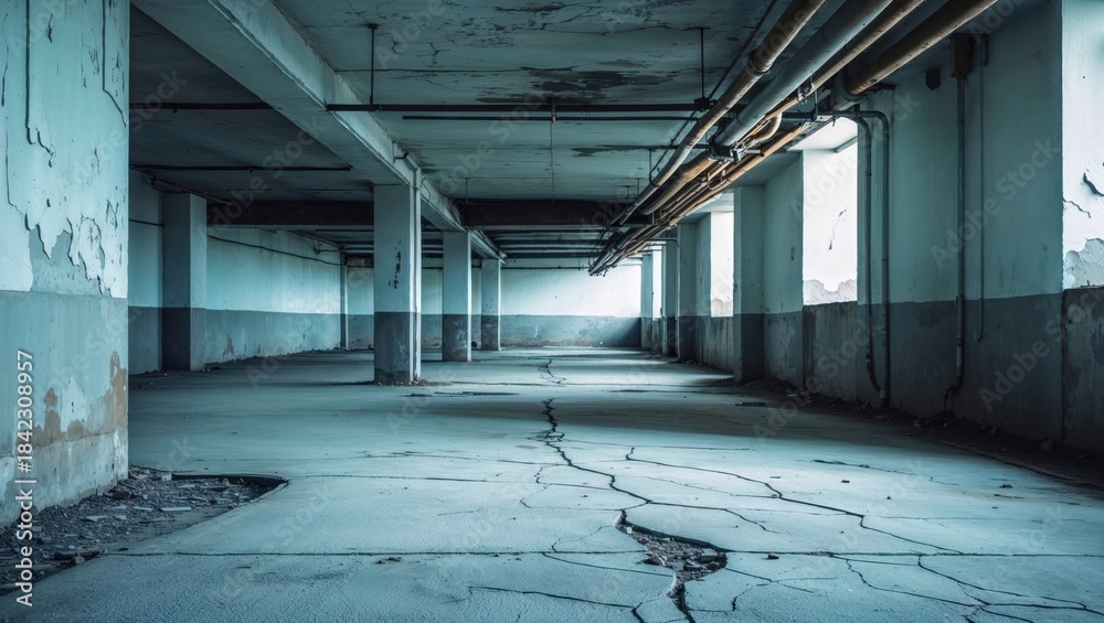 Naklejka premium Abandoned industrial building with cracked floor and peeling walls