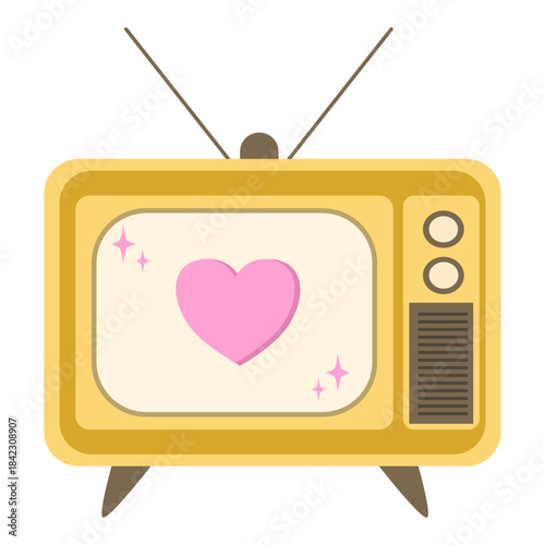 Vintage TV with Pink Heart on Screen, cute valentine element