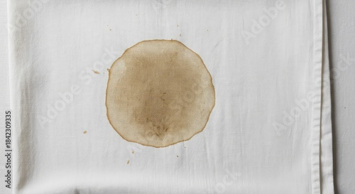 A conspicuous brown stain permanently ruins the pristine white surface of a folded linen cloth, symbolizing disappointment and error ,disappointment ,cleaning ,spilled