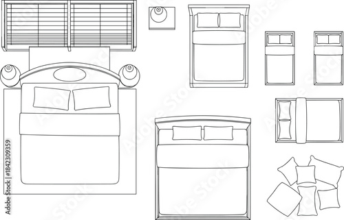 Various Bedroom Beds and Window with Curtains Line
