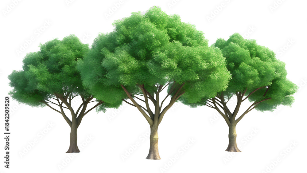 Obraz premium Three lush green trees with intricate branches full of leaves nature's beauty