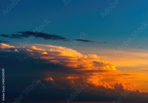 A dramatic, deep blue and orange sky filled with layered, textured clouds during the twilight transition. Peaceful and beautiful ,scenic ,sky ,vast