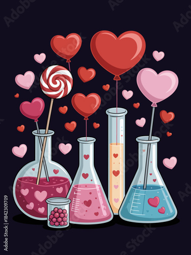 An array of laboratory flasks filled with colorful liquids are adorned with heart-shaped balloons. A lollipop adds a playful touch to the scientific scene.