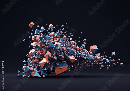 A dynamic digital composition featuring scattered, colorful geometric fragments in motion, creating a chaotic and modern visual structure ,shards ,scattered ,mosaic