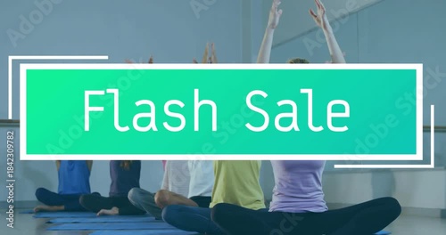Yoga class blue mats flowing to prayer while mid expanding Flash Sale banner overlaying torsos