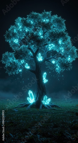 A glowing, ancient fantasy tree with bioluminescent leaves and large sparkling crystals growing from its mossy trunk in a misty forest clearing ,spiritual ,deep ,dark