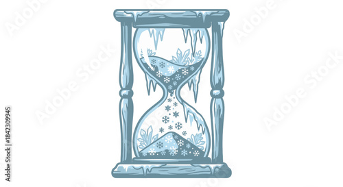 Flat Frosted Hourglass Vector with Snowflake Sand Grains