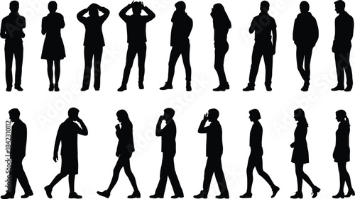 Silhouettes of people standing and walking in various poses
