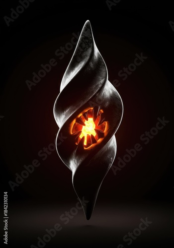 A menacing, dark artifact twisted into a sinister shape, glowing with internal evil magic against a deeply shadowed background ,magic ,terrible ,artifact