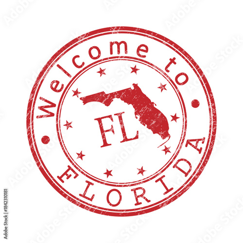 Welcome to Florida. A worn stamp with a silhouette of the state and an abbreviated designation. Print impression, a template for creative design