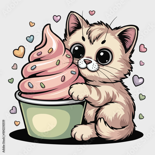 Cute Kawaii Cat Eating Ice Cream T-Shirt Design