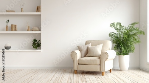 Elegant Interior with Armchair, Plant, and Shelving for Modern Home Design Concepts
