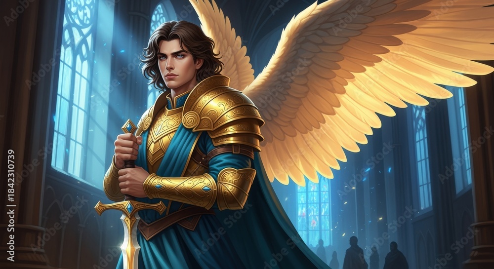 Obraz premium Guardian Angel Standing Guard with Sword in Cathedral, Fantasy Illustration of Protection and Strength