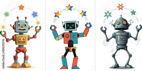 Happy Cartoon Robot Mascot Juggling Colorful Stars Vector Illustration - Technology, Artificial Intelligence, Fun, and Performance Concept