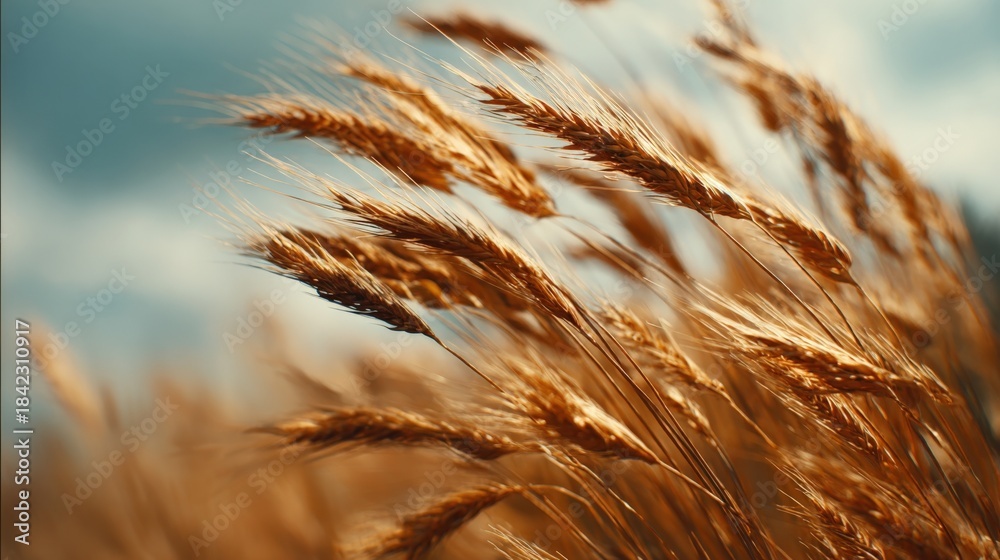 Fototapeta premium Golden Wheat Field Swaying in the Wind Under a Cloudy Sky, Symbolizing Abundance and Harvest
