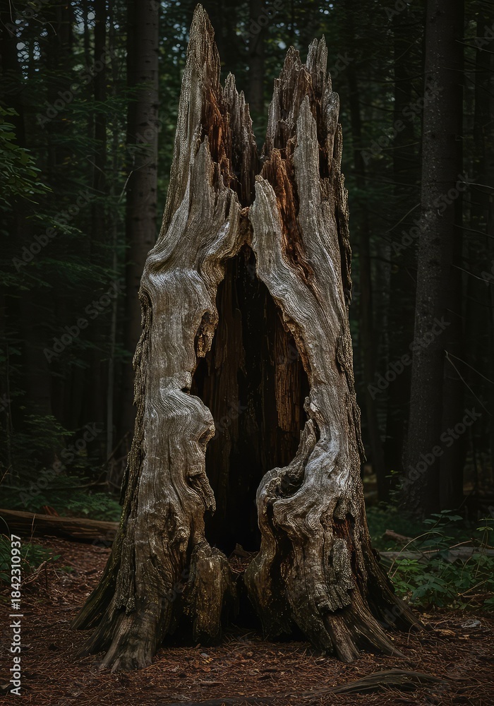 Fototapeta premium A striking view of an ancient, weathered tree trunk featuring a large, natural hollow cavity in a deep forest setting. Natural decomposition ,woodland ,root ,decomposed