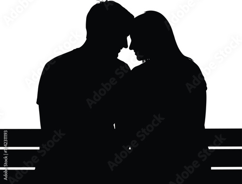 Silhouette of a loving couple embracing on a bench isolated on white background