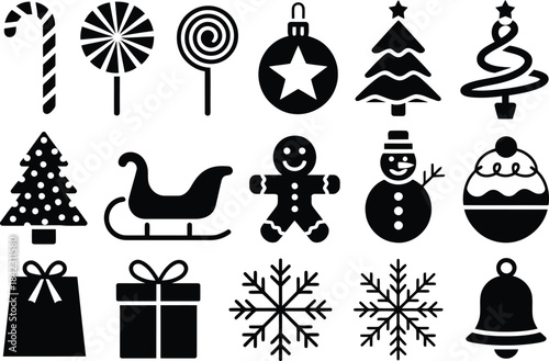 A compilation of black silhouette icons representing Christmas, winter, and holiday season elements