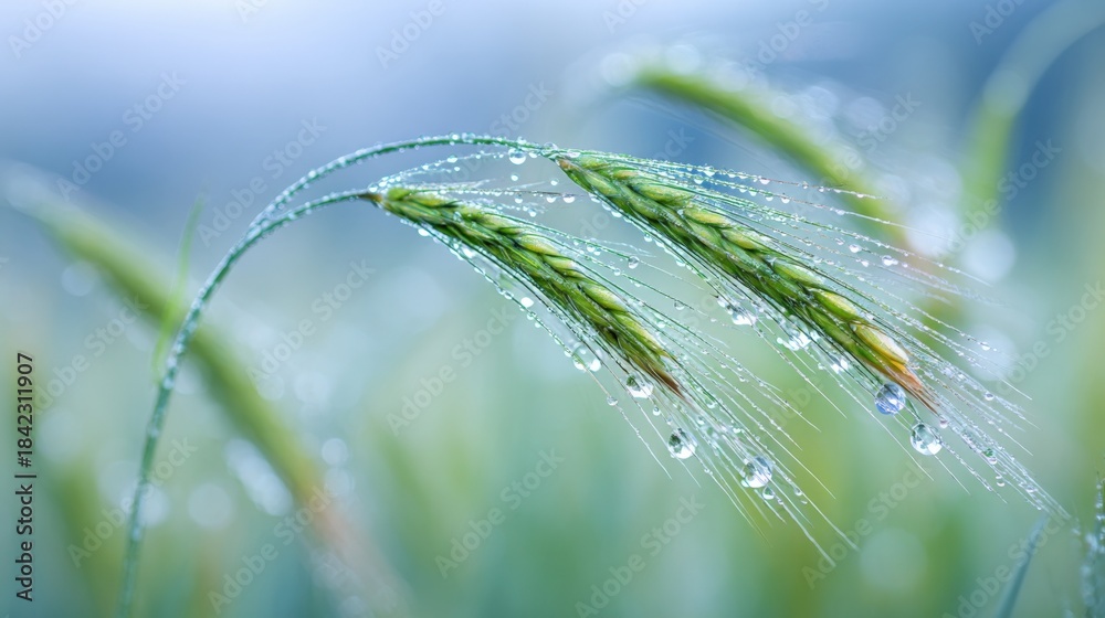 Fototapeta premium Dew Drops on Green Wheatgrass: A Fresh, Serene Morning Close-Up for Natural Beauty
